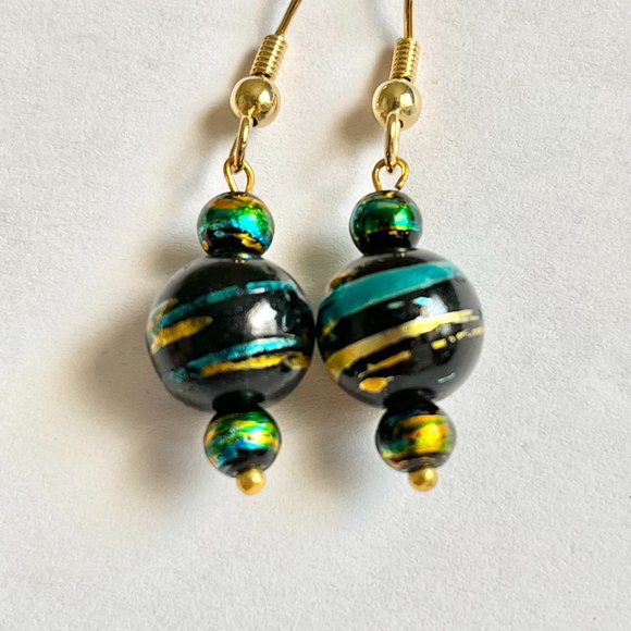 Aqua Blue Black Clear Murano Glass Earrings Bead Hand Painted Round Gold Plated - Picture 4 of 9